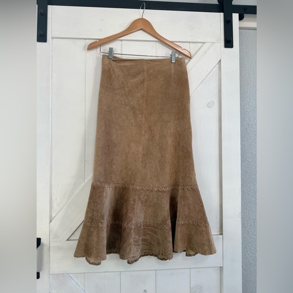Chico's Dresses & Skirts - Chico's brand tan suede leather skirt whipstitch ruffled hem size 1